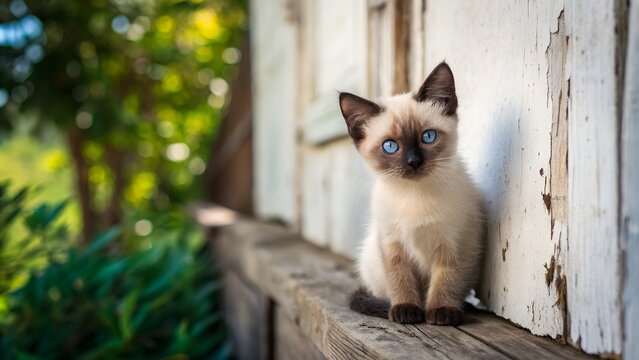 Cute gato siam&eacute;s kitten sitting near a wooden fence outdoors looking curious