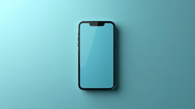 Modern black smartphone rests on a flat light blue surface
