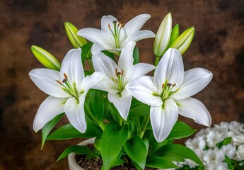 Obraz premium Close up view of several pristine white lilies in a pot, their petals exhibiting delicate textures against a blurred dark brown background. The lighting accentuates the flowers' purity.