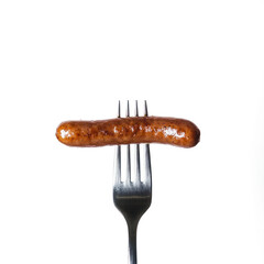 Delicious grilled sausage and hot dog on a fork close-up