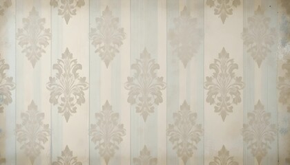This image showcases a beautiful damask wallpaper pattern in light beige and gray tones, set against a backdrop of light beige wood paneling with subtle vertical stripes.