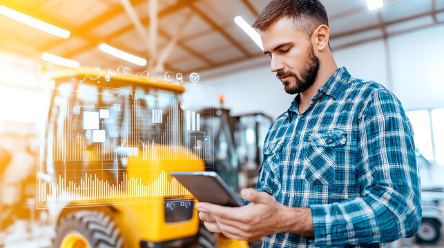 Construction worker using mobile device in industrial warehouse technology integration modern environment