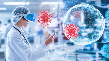 Virtual reality in medicine doctor analyzing covid-19 data laboratory digital illustration high-tech environment close-up perspective