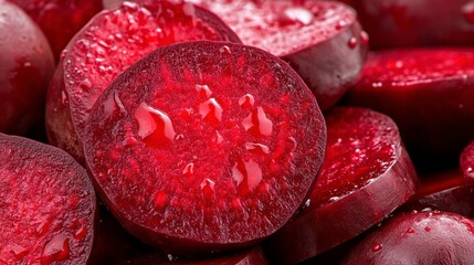 Close up view of vibrant red beet slices, glistening with moisture. The deep color and texture are emphasized. 
