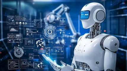 Advanced robotics in industry a futuristic ai-driven environment analyzing data from technology innovations