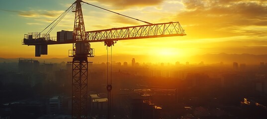 A Powerful Crane Lifting at Dawn with the City Skyline in the Background, Offering Branding Space on the Side for Business or Marketing Use.