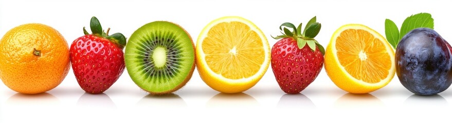 Vibrant citrus fruits and berries in a row on a white background. A halved orange, lemon, kiwi, strawberries and plum are displayed, showcasing their colorful and juicy textures.