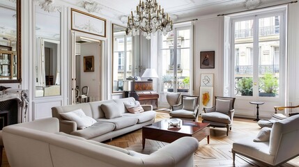 Fototapeta premium Stylish Parisian loft living room chic neutral color artistic decor classic wood floors elegant chandelier white isolated background
