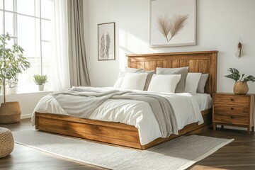 A bright and spacious bedroom with wooden furniture and plants