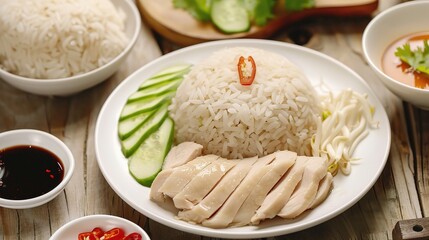 An inviting plate of Hainanese chicken is presented. The Hainanese chicken features tender, poached chicken pieces that are carefully prepared to maintain their juiciness. The chicken has a smooth and
