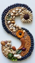Obraz premium A letter S is formed using various seeds, legumes, and grains in a detailed arrangement. The composition features a variety of colors and textures. The background is a simple off white surface.