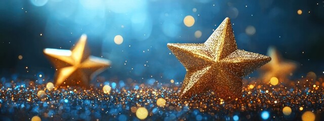 Golden stars and glittering particles shimmer against a blue backdrop.