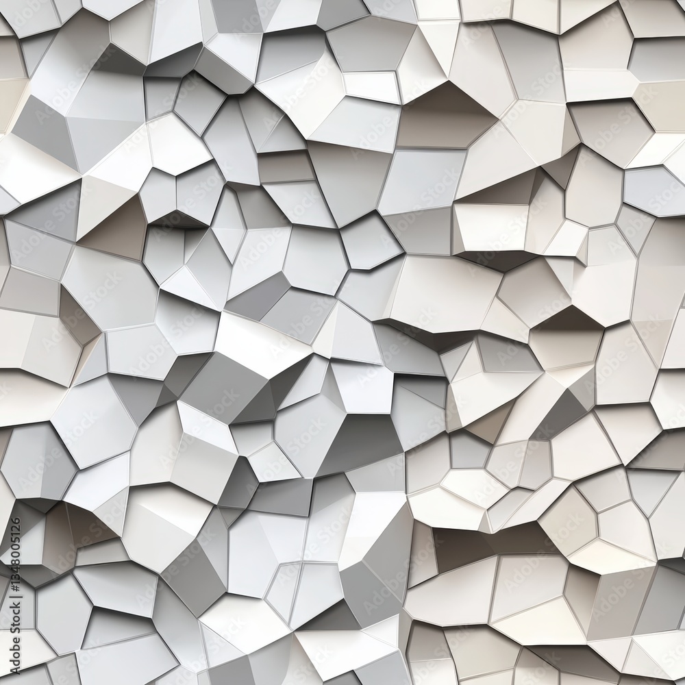 Poster abstract seamless pattern of irregular three-dimensional white polygonal shapes resembling a texture