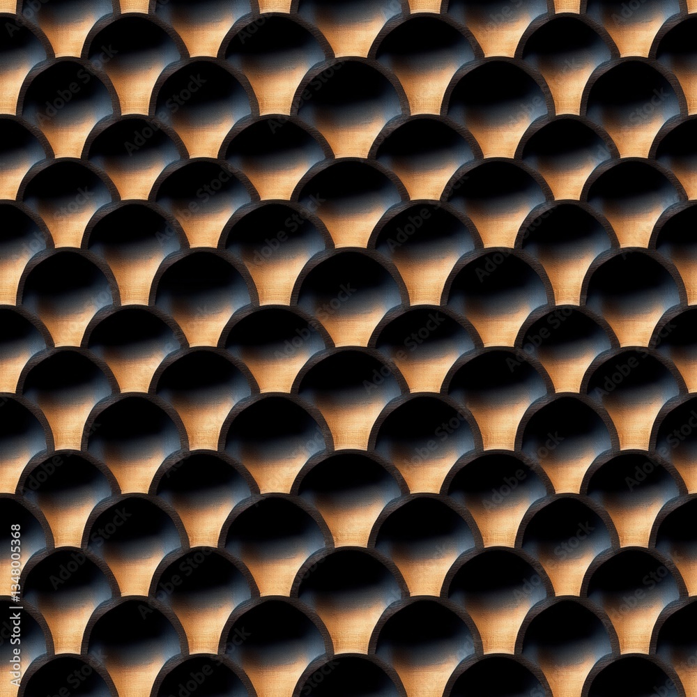 Poster close-up view of overlapping semi-circular shapes in gradient brown to gold hues forming a repeating