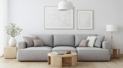 Interior of living room modern style with grey fabric sofa,wooden side table and white ceiling lamp on wooden floor.