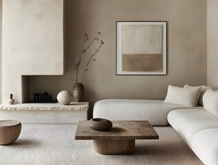 A modern living room interior with minimalist furniture and decor