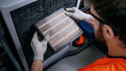 Obraz premium Technician replacing air filter in mechanical system, showcasing attention to detail and maintenance skills