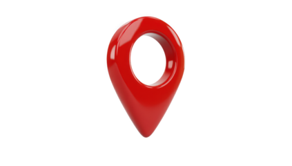 A shiny red location pin with a circular cutout, symbolizing navigation and place identification in a modern design.