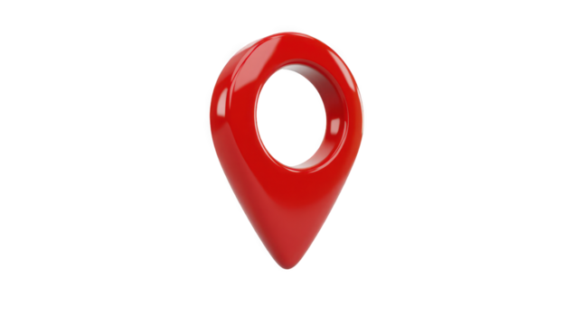 A shiny red location pin with a circular cutout, symbolizing navigation and place identification in a modern design.