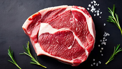 Close up of fresh salted raw beef ribeye marbled tbone steak cutlet with green herbs on a black background. Prep ingredient for cooking and grilling
