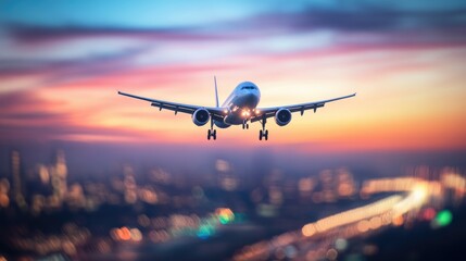 Fototapeta premium Airplane In Flight At Twilight With Blurred Cityscape