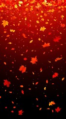 Falling autumn leaves in shades of red, orange, and gold against a dark background. The leaves are various sizes and slightly blurred, creating a sense of motion and depth.