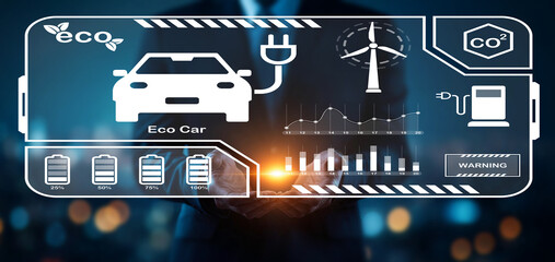 Eco-friendly car concept with digital interface showcasing electric vehicle features, renewable energy sources, and sustainability data visualization
