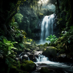 A dramatic shot of a waterfall in a lush rainforest