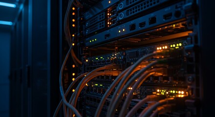 Server room hardware - data management and connection - tech industry stock image