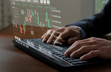 Hands typing on a laptop keyboard with transparent financial chart overlay showcasing stock market trends and data analysis in modern workspace