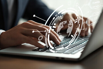 Professional hands typing on a laptop keyboard with a glowing digital world globe and technology graphics showcasing innovation and connectivity in modern workspaces