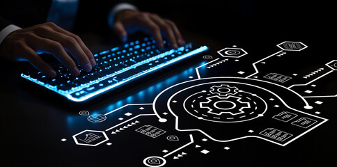 Hands Typing on a Keyboard with Futuristic Digital Interface Displaying Data and Technology...