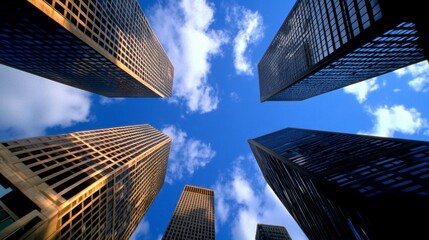 Low angle view of five skyscrapers against a vibrant blue sky with fluffy white clouds. The buildings are tall and slender, showcasing modern architecture.