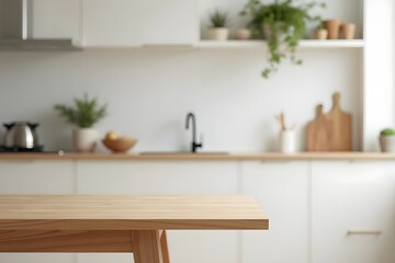 Fototapeta premium Smooth wooden countertop with subtle kitchen details, ideal for culinary and lifestyle visuals