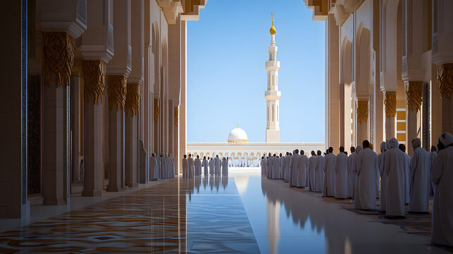 A long hallway in a grand mosque leads to a beautiful dome and minaret under a clear blue sky.  People in white robes are gathered, creating a serene and spiritual atmosphere. - Powered by Adobe