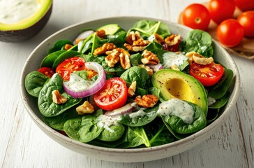 Fresh Green Salad with Spinach, Cherry Tomatoes, Avocado, Red Onion, Walnuts, and Creamy Dressing in a Modern Bowl on a Rustic Wooden Table