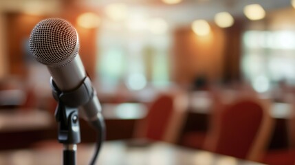 Microphone for speaker on abstract blurred of speech in seminar room or speaking conference for audience at university