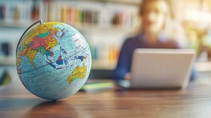 A detailed globe with vibrant colors placed on a wooden desk, representing global business and communication. In the softly blurred background, a professional person is working on a laptop,