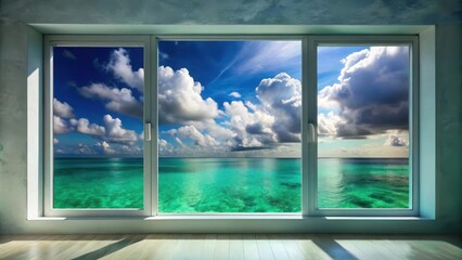 Fototapeta premium Ocean Vista Through a Modern Window Frame Serene Coastal Escape