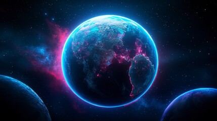 Obraz premium Futuristic digital rendering of Earth from space, glowing in vibrant blue and pink hues, surrounded by nebula and other planets. Detailed, intricate depiction of continents.