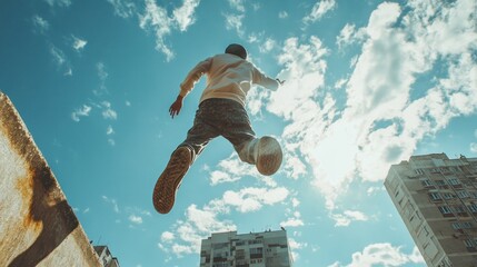 Urban youth jumping high,  sunny sky, city buildings