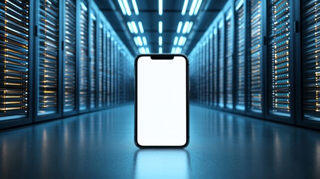 Smartphone with blank screen stands in a server room