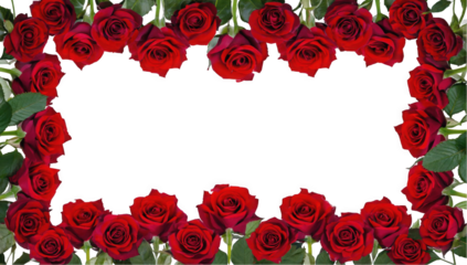 A beautiful arrangement of red roses creates a romantic frame. Ideal for invitations or love-themed events.