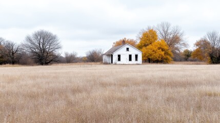 Abandoned white house in a golden field