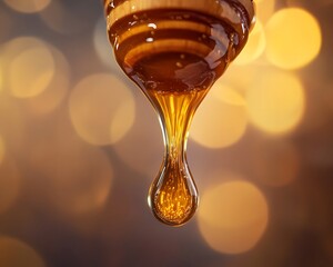 A drip of golden honey falls from a spoon  long title A close up shot captures the thick viscous flow of sweet amber colored honey dripping from a