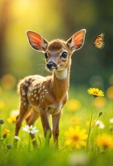 Wildlife Harmony &ndash; Fawn and Butterfly in a Sunny Meadow