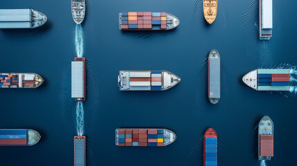 Global Cargo Fleet: A striking aerial perspective showcases a modern cargo fleet navigating the expansive blue sea, emphasizing efficiency and global trade