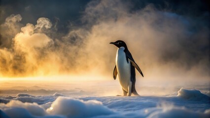 Obraz premium A solitary penguin strides across a snow-covered expanse, bathed in the warm glow of a rising sun, mist swirling around it, creating a serene and majestic winter scene.