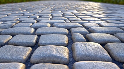Obraz premium Perspective view of a gray cobblestone pavement, bathed in warm sunlight. The stones are irregular, creating a textured surface. The image offers a sense of depth and calm.