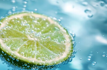 Fresh Lime Slice in Crystal Clear Water with Bubbles Floating Around, Refreshing Beverage Concept for Summer Drink Recipes and Healthy Lifestyle